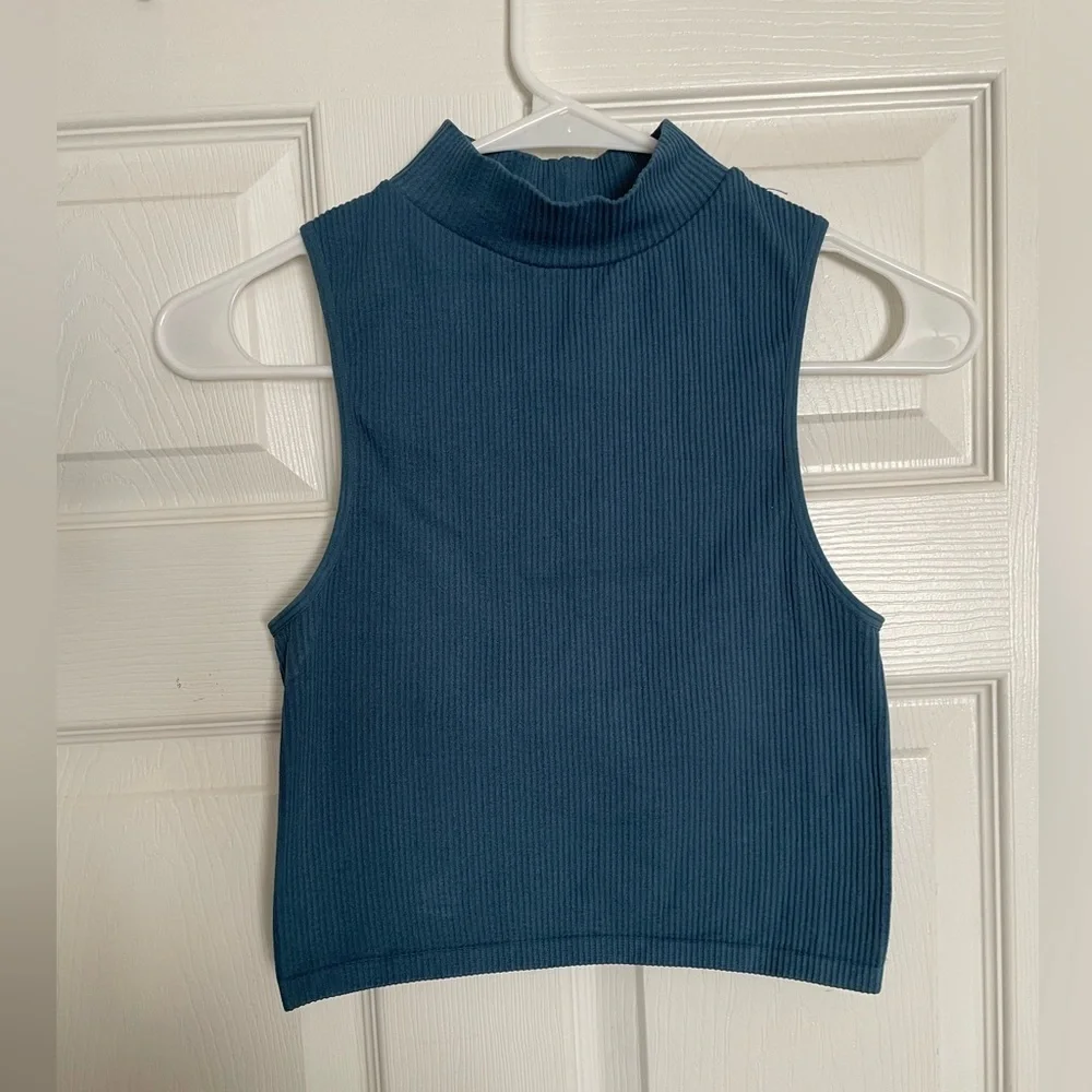 Zara Teal Ribbed Mock Neck Tank Crop Top M/L